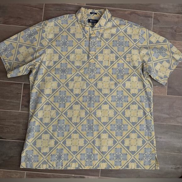 Reyn Spooner Kloth Hawaiian Aloha Quilt Geometric Popover Shirt XXL Yellow Grey - Picture 2 of 13